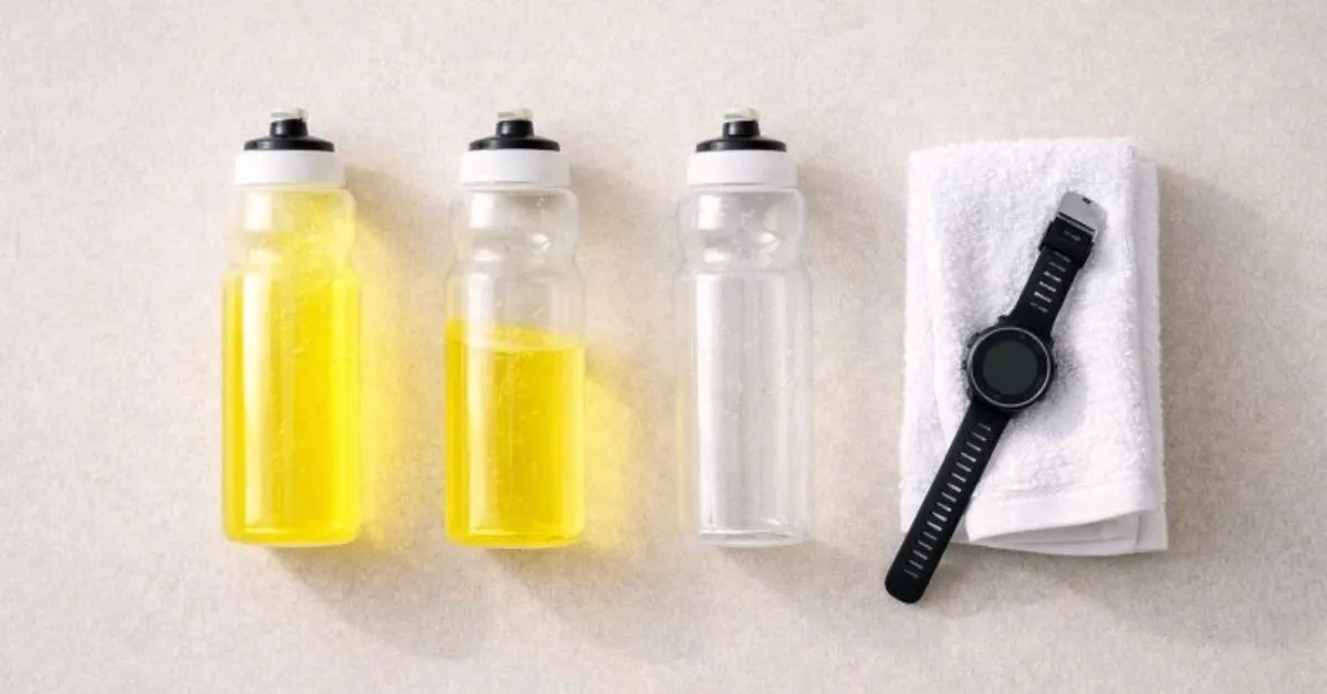 Trois bidons illustrant l'hydratation en triathlon avant, pendant et après l'effort