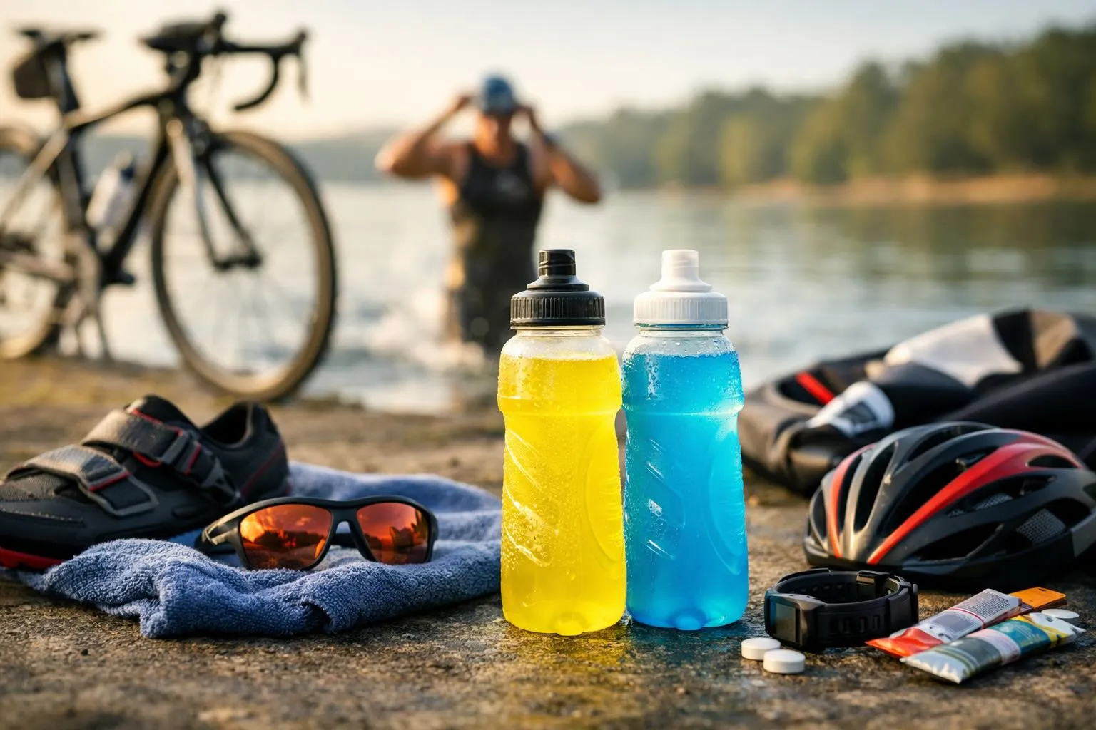 Bouteilles de boissons isotoniques posées près d'un lac avec du matériel de triathlon, illustrant l'hydratation pendant l'effort