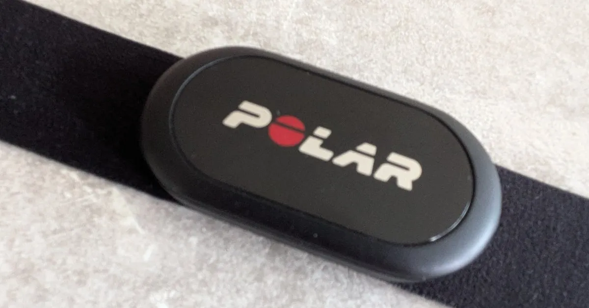 Capteur Polar H10 monté sur sa sangle pectorale noire, vue de face